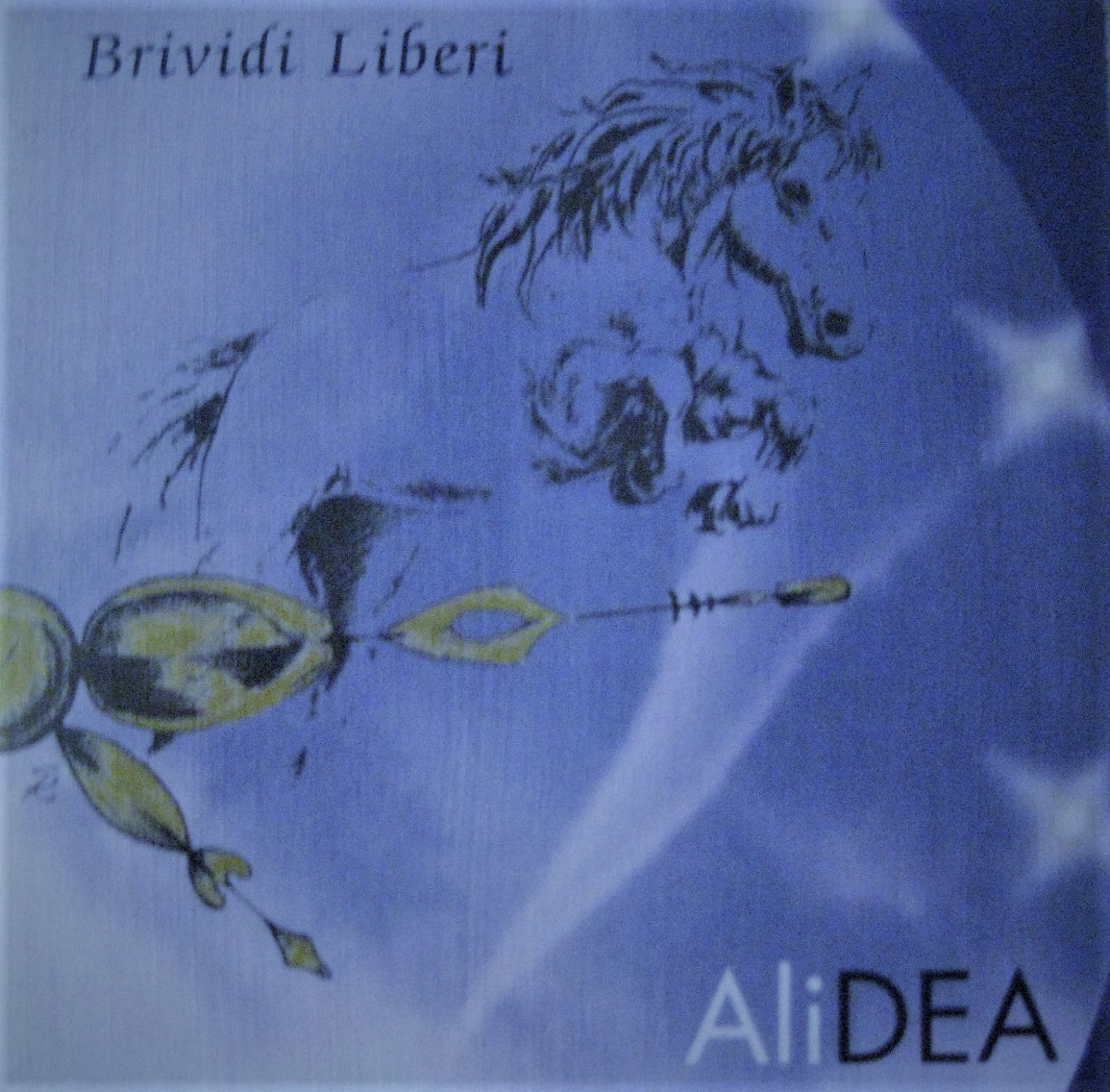 Copertina CD Single BRIVIDI LIBERI di ALIDEA - Contenuti grafici: Simona SIROS Rossi (Opera "Oltre il tempo') ed Ennio Brunelli (Foto Uragano)